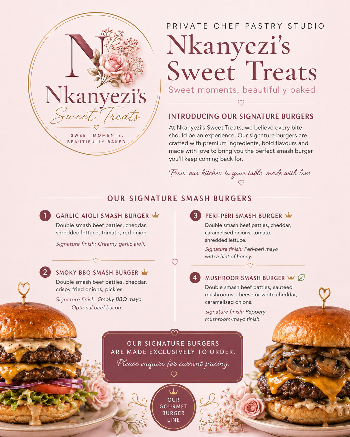 Nkanyezi's Sweet Treats signature smash burger menu artwork.